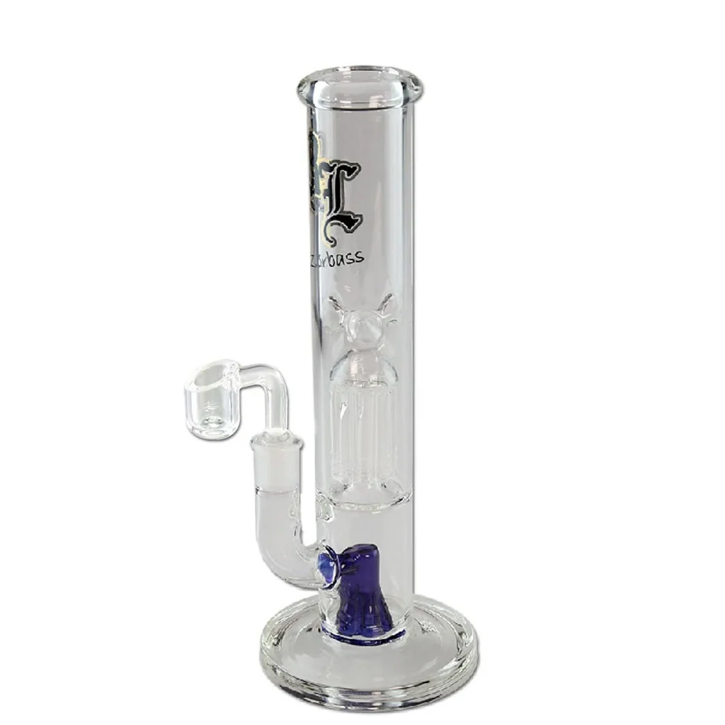 Bong transparente de tubo recto y base circular, con percolador interior, detalle azul en la base y cazoleta lateral curvada.