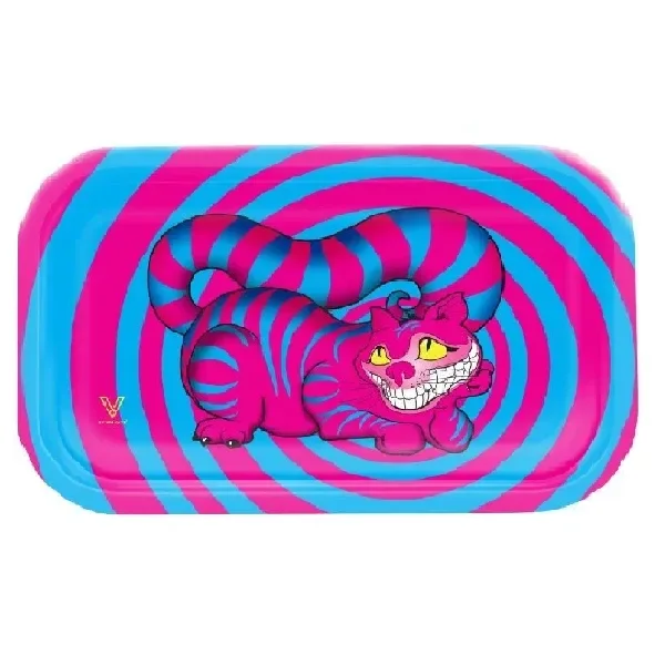 Bandeja rectangular con bordes elevados y un gato sonriente rosa y azul sobre un fondo de espirales de los mismos colores.