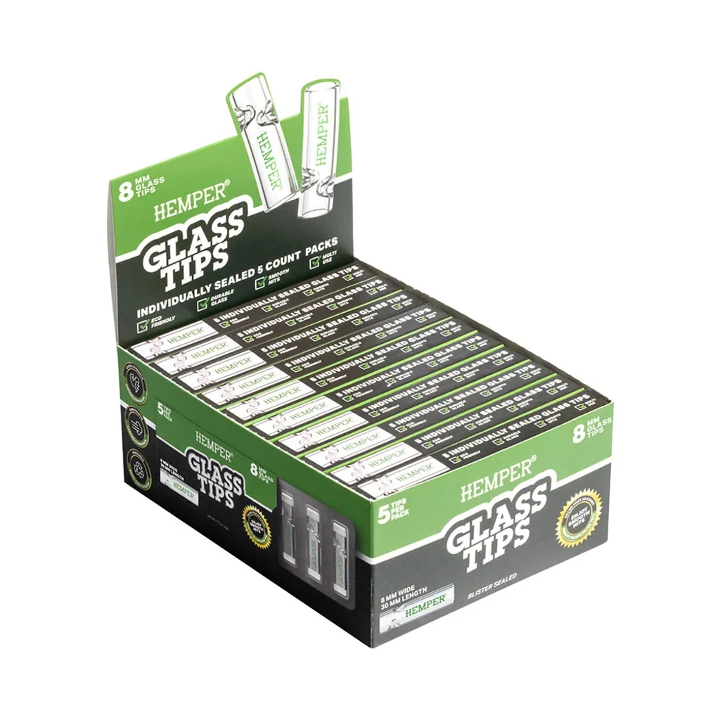Expositor verde y negro de filtros de cristal Hemper para liar, con paquetes individuales alineados y dibujos de los filtros.