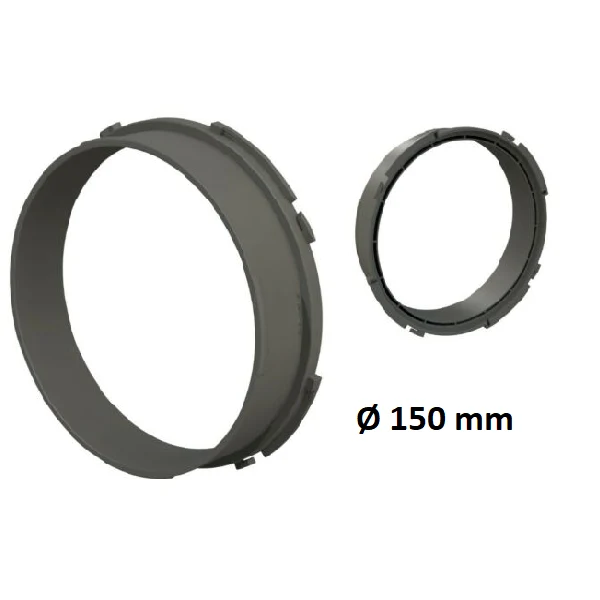 Vistas de un conector circular Secret Jardin gris oscuro, con pestañas en el borde y la indicación de diámetro de 150 mm.