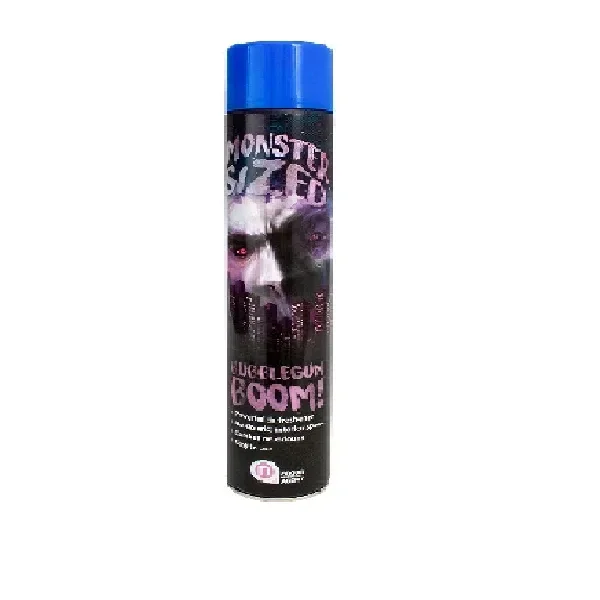 Ambientador en spray QNUBU de aroma chicle, con tapón azul y envase negro decorado con una calavera y el texto Bubblegum Boom.