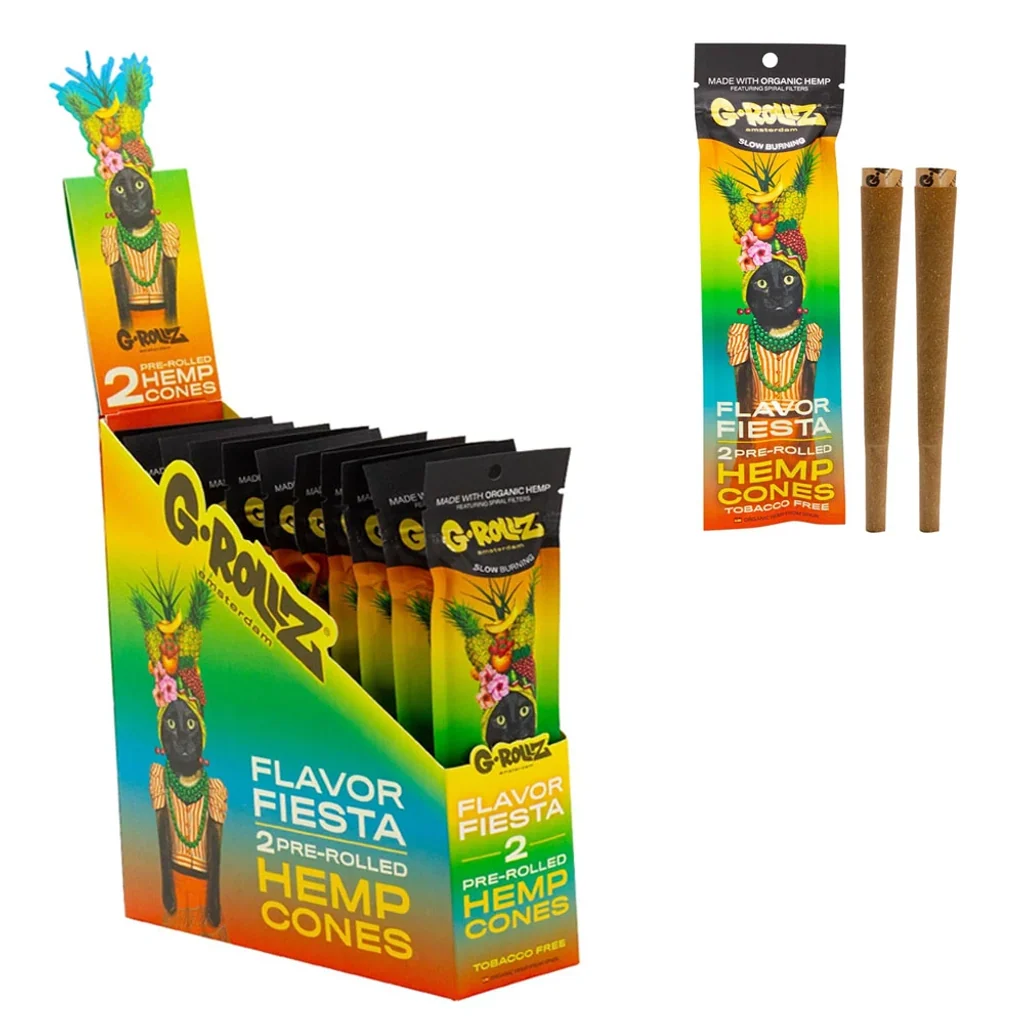 Expositor de conos G-Rollz Hemp Multifruit con sobres multicolores; a la derecha, un sobre y conos marrones con filtro. Expositor de conos G-Rollz Hemp Multifruit con sobres multicolores; a la derecha, un sobre y conos marrones con filtro.