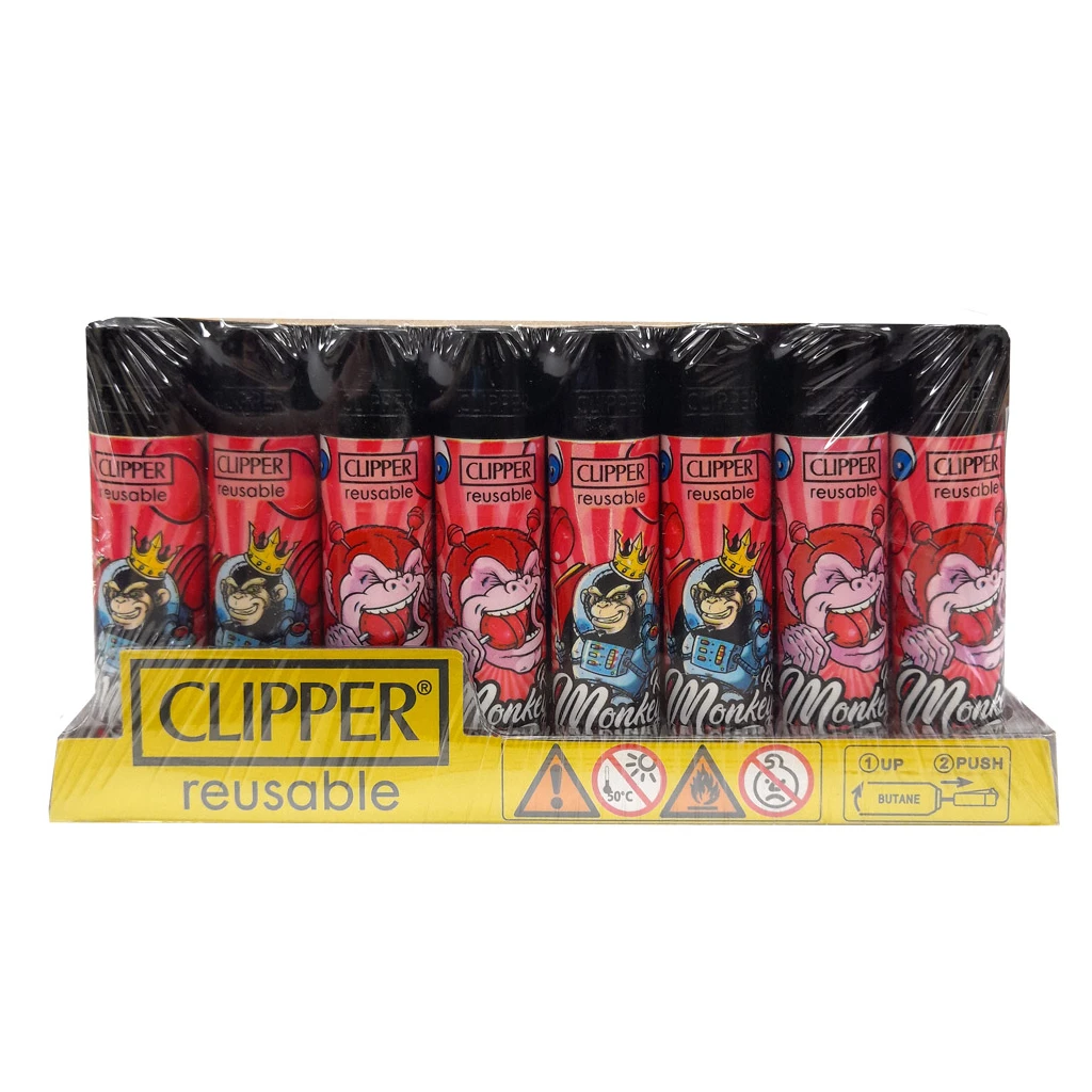 Expositor de mecheros Clipper Classic Monkey envuelto en plástico, con cuerpos rojos y distintos dibujos de monos, sobre una base amarilla.