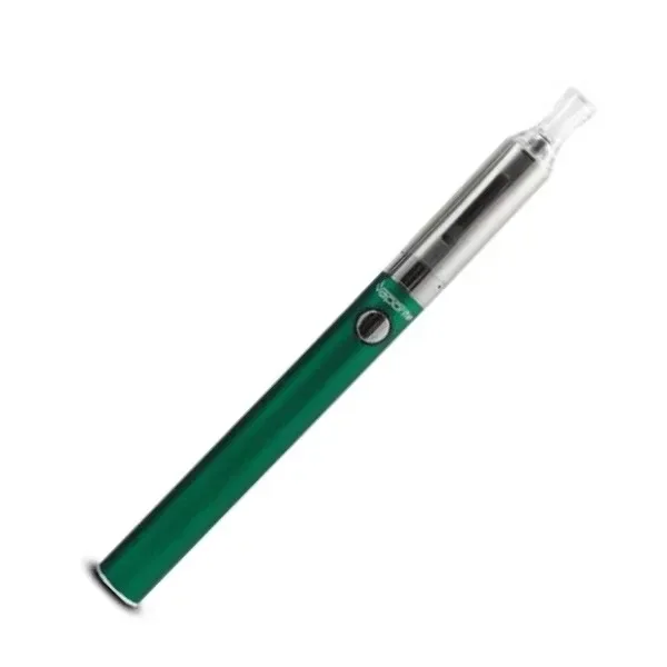 Vaporizador Vaporite Pyrite Green Oil en diagonal, con cuerpo verde, botón circular y depósito transparente sobre fondo blanco.