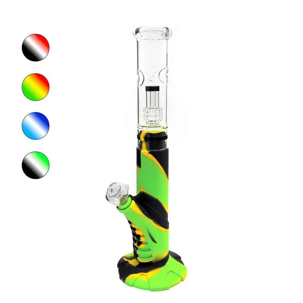 Bong Easy Garden Smokers con tubo transparente, percolador y cuerpo verde, amarillo y negro, junto a muestras de otros colores.