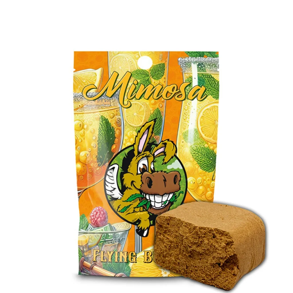 Bloque marrón de CBD Hash Flying Burrito Mimosa con una sección cortada, delante de un envase naranja con cítricos y un burro ilustrado.