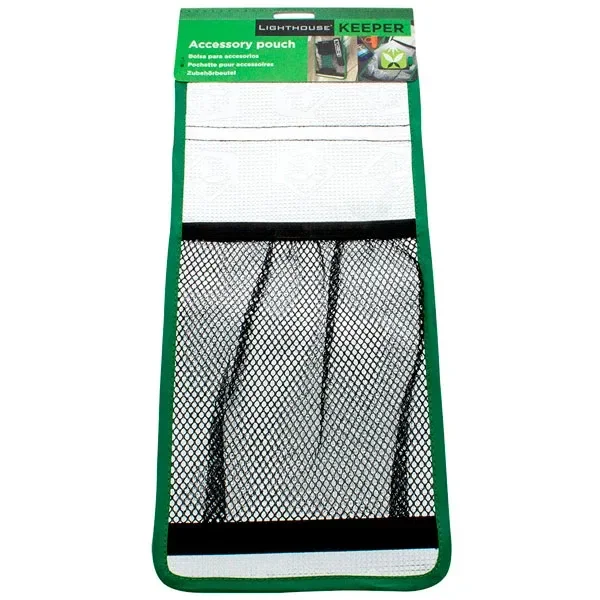 Bolsa organizadora alargada Lighthouse Keeper, con borde verde, panel blanco y bolsillo de malla negra, vista de frente.