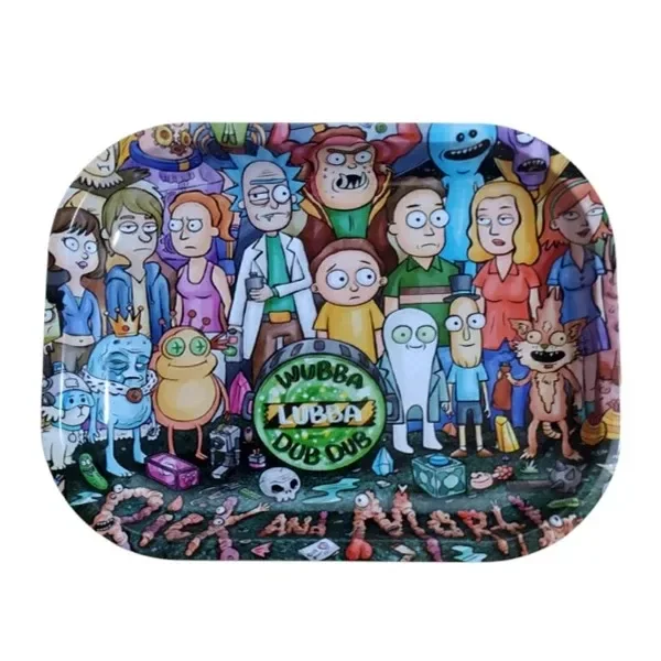 Bandeja Wubba de esquinas redondeadas con un collage multicolor de personajes de Rick y Morty y un emblema circular verde central.
