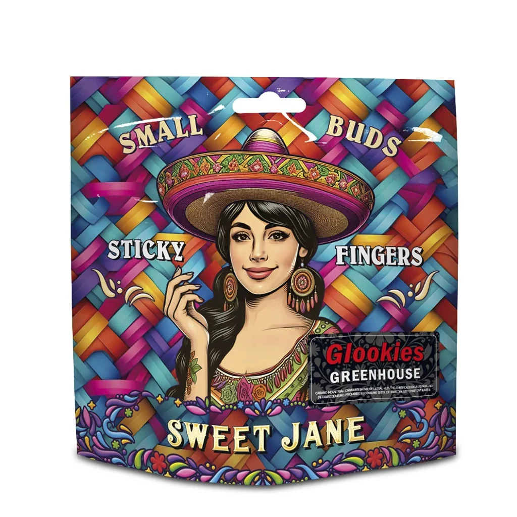 Bolsa Sweet Jane Small Buds Glookies con fondo multicolor e ilustración de una mujer con sombrero; etiqueta frontal «Glookies Greenhouse».