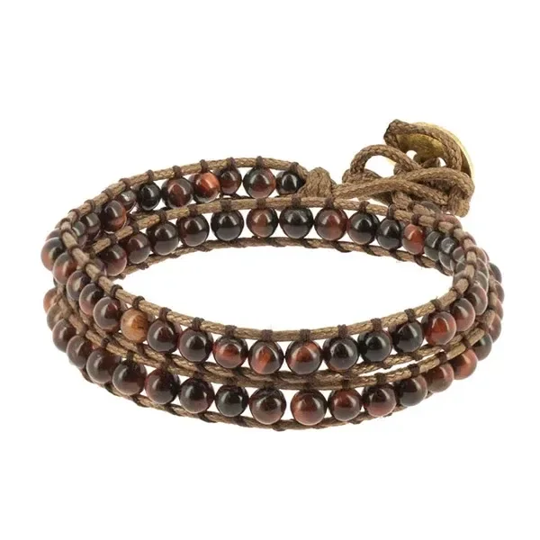 Pulsera Naga Ojo de Tigre Rojo con varias vueltas de cuentas brillantes rojizas y oscuras, cordón marrón y cierre de lazo. Pulsera Naga Ojo de Tigre Rojo con varias vueltas de cuentas brillantes rojizas y oscuras, cordón marrón y cierre de lazo.