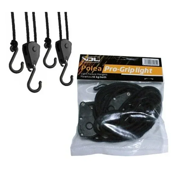 Poleas con freno Progrip Light VDL con cuerdas y ganchos negros, mostradas fuera y dentro de una bolsa transparente con etiqueta.