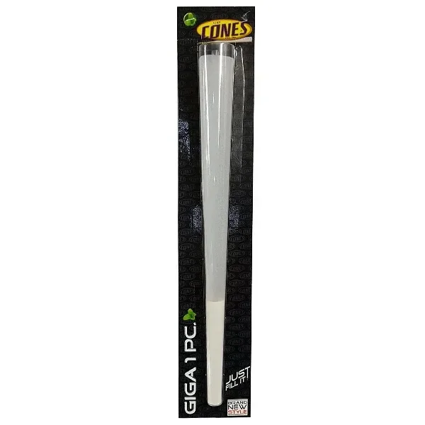 Cono de papel largo con boquilla blanca en un blíster negro y transparente de Cones, rotulado «Giga 1 PC».