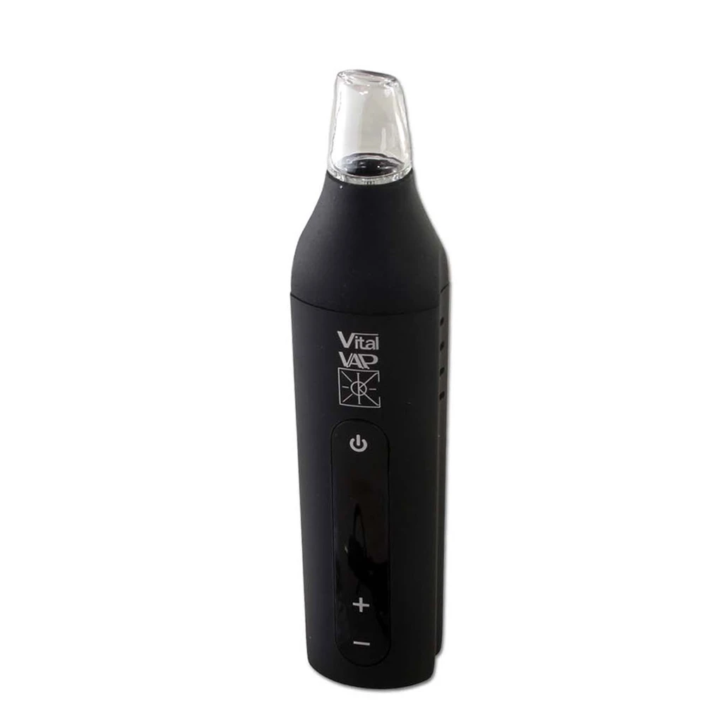 Vaporizador negro Vital VAP con boquilla transparente, botón de encendido y controles de más y menos, sobre fondo blanco.