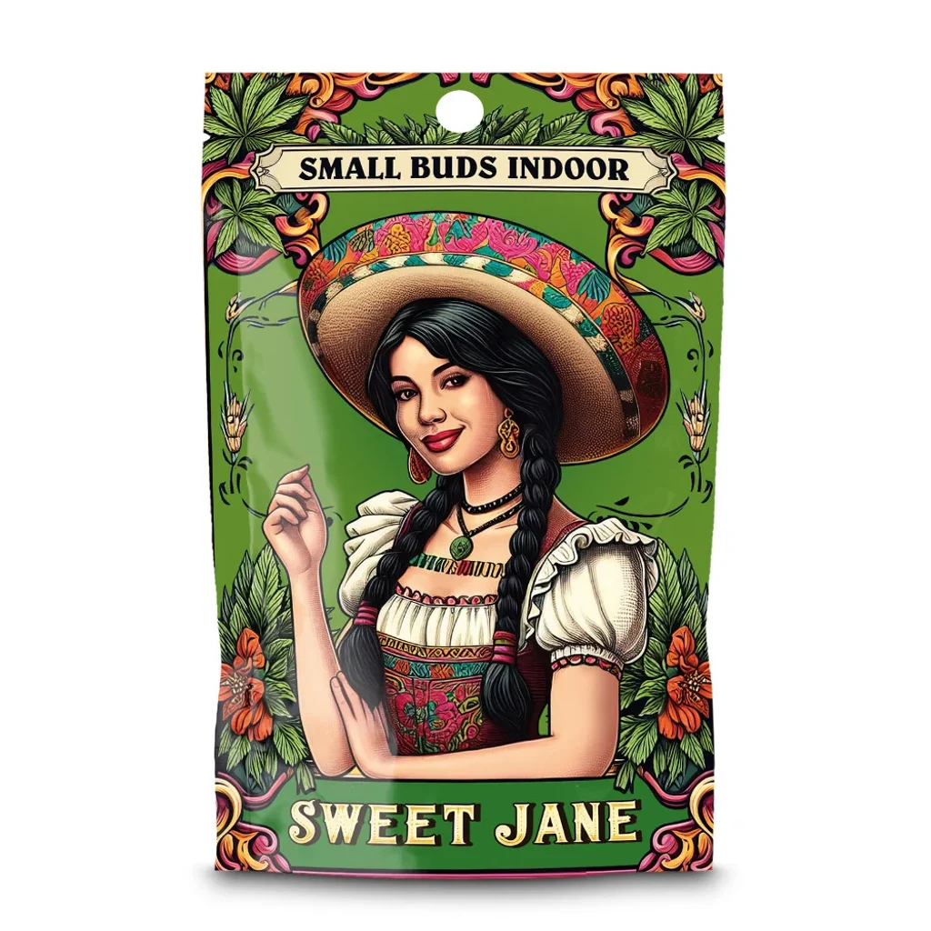 Bolsa verde Sweet Jane Small Buds Indoor, ilustrada con una mujer de trenzas y sombrero entre hojas y flores decorativas.