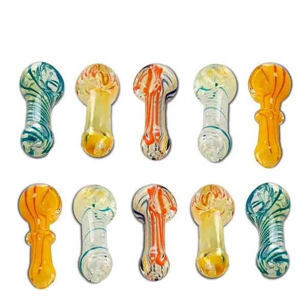 Selección de pipas de cristal Mushroom con cazoleta redonda y diseños de líneas en tonos verdes, amarillos y naranjas.