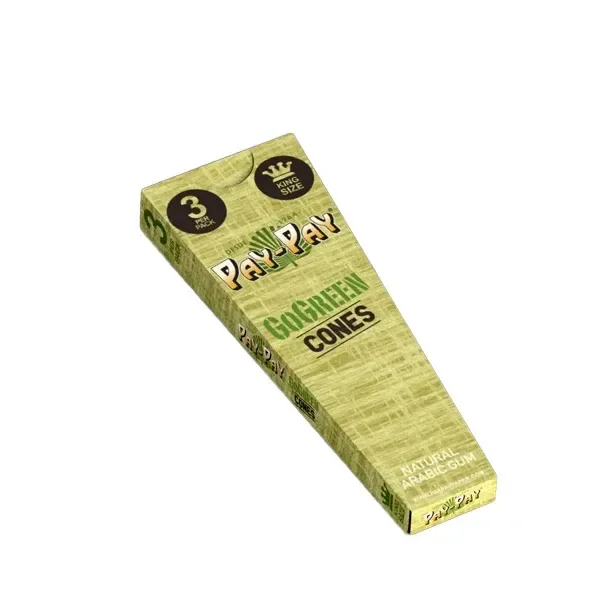 Caja alargada verde de conos Pay-Pay GoGreen King Size, vista en diagonal, con indicación de 3 conos y goma arábiga natural.