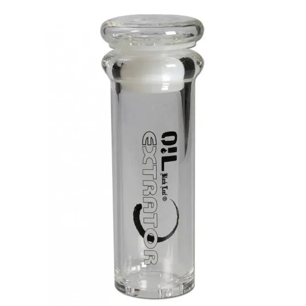 Extractor BHO Black Leaf transparente, de cuerpo cilíndrico con borde superior ensanchado e inscripción vertical sobre fondo blanco.