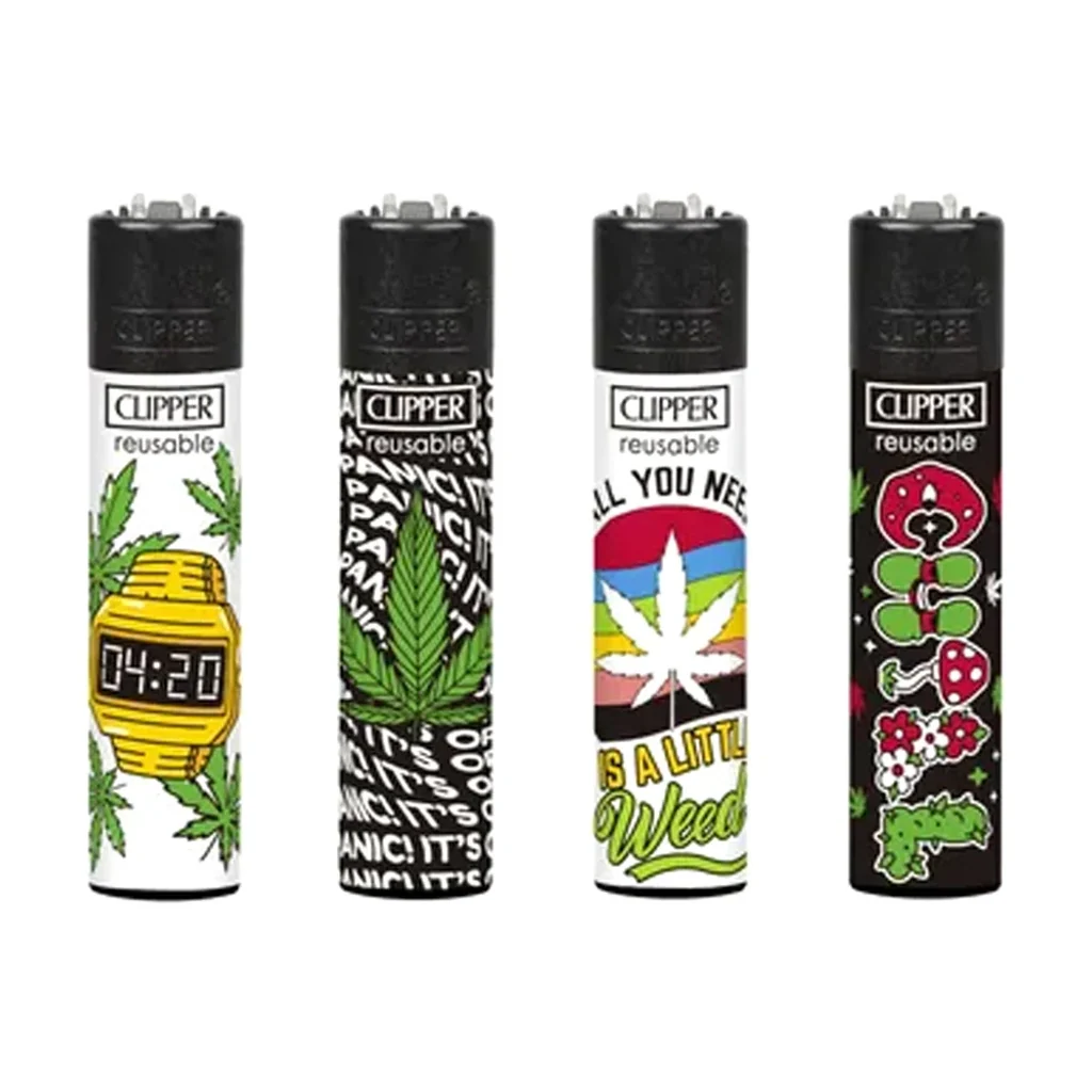 Selección de mecheros Clipper con diseños de hojas de cannabis, reloj digital a las 04:20, letras y dibujos de colores.