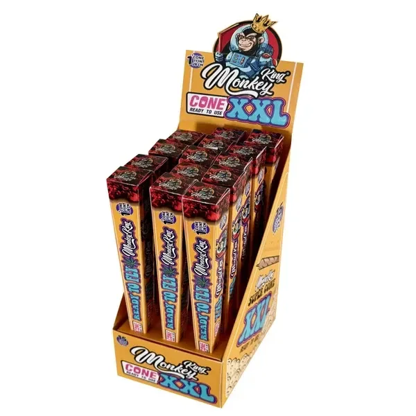 Expositor amarillo de Cones Monkey King XXL con varias cajas alargadas y una ilustración de un mono coronado en la cabecera.