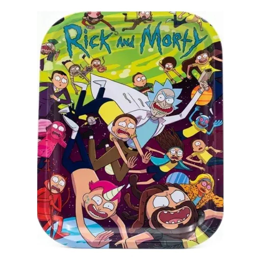 Bandeja rectangular de esquinas redondeadas con personajes de Rick y Morty, fondo multicolor y el nombre de la serie arriba.