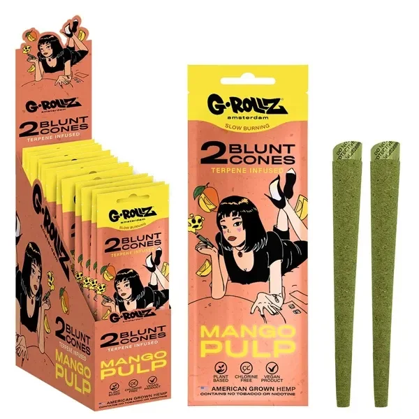 Expositor y sobre de conos G-Rollz Mango Pulp, con envases amarillos y coral ilustrados y conos verdes a la derecha.