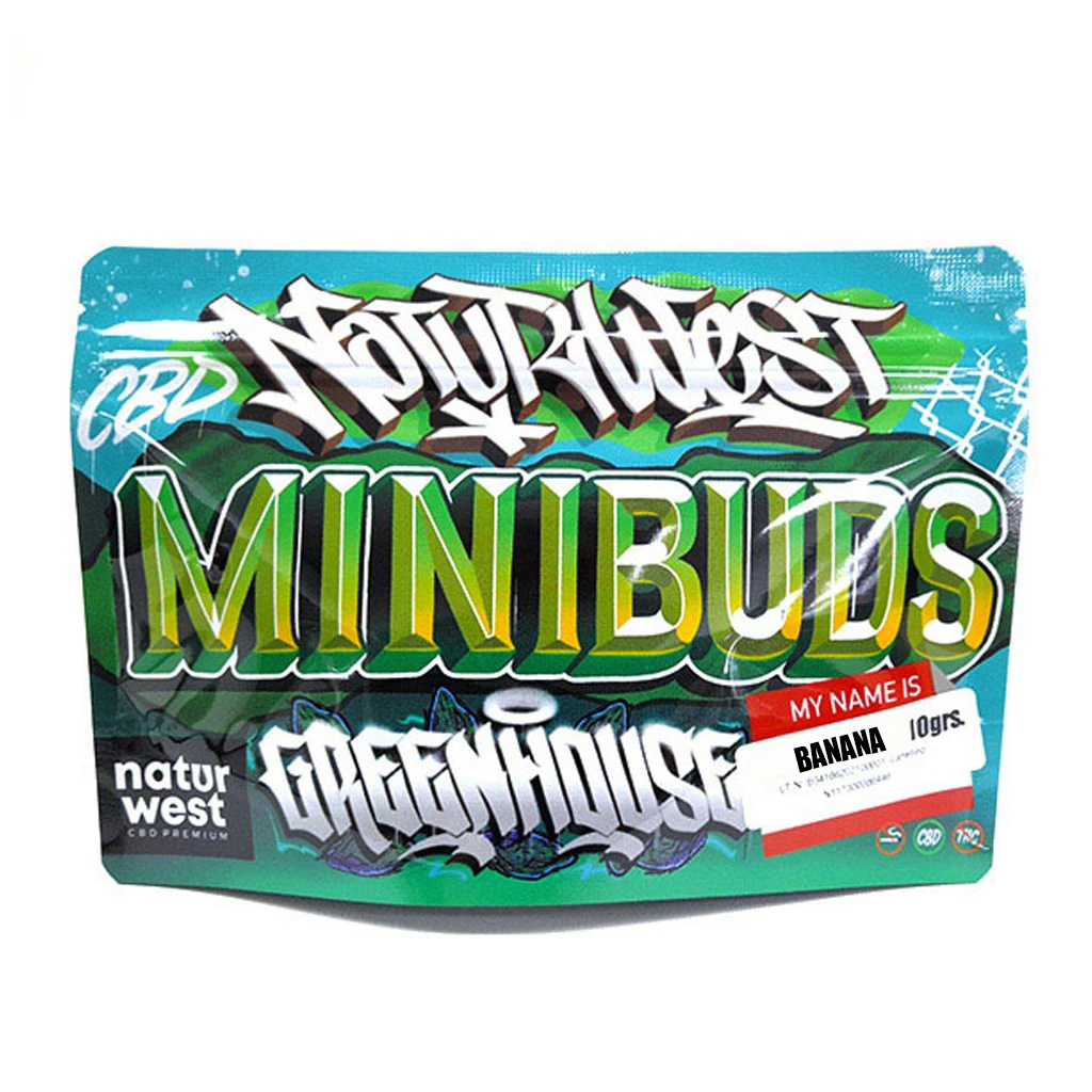 Bolsa Naturwest verde y turquesa con letras de estilo grafiti «MINIBUDS» y «GREENHOUSE», y etiqueta «BANANA 10grs».
