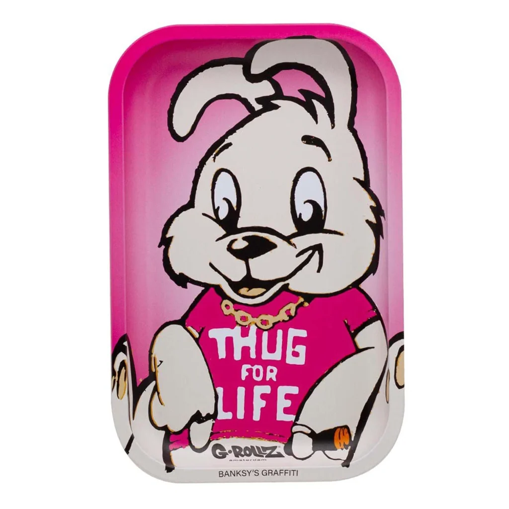 Bandeja G-Rollz rosa con un conejo de dibujos animados que lleva una cadena dorada y una camiseta con el texto «Thug for Life».