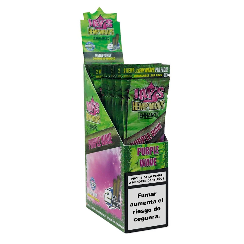 Expositor abierto de Jay's Hemp Wraps Purple Wave con sobres verdes, detalles morados y advertencias en español.