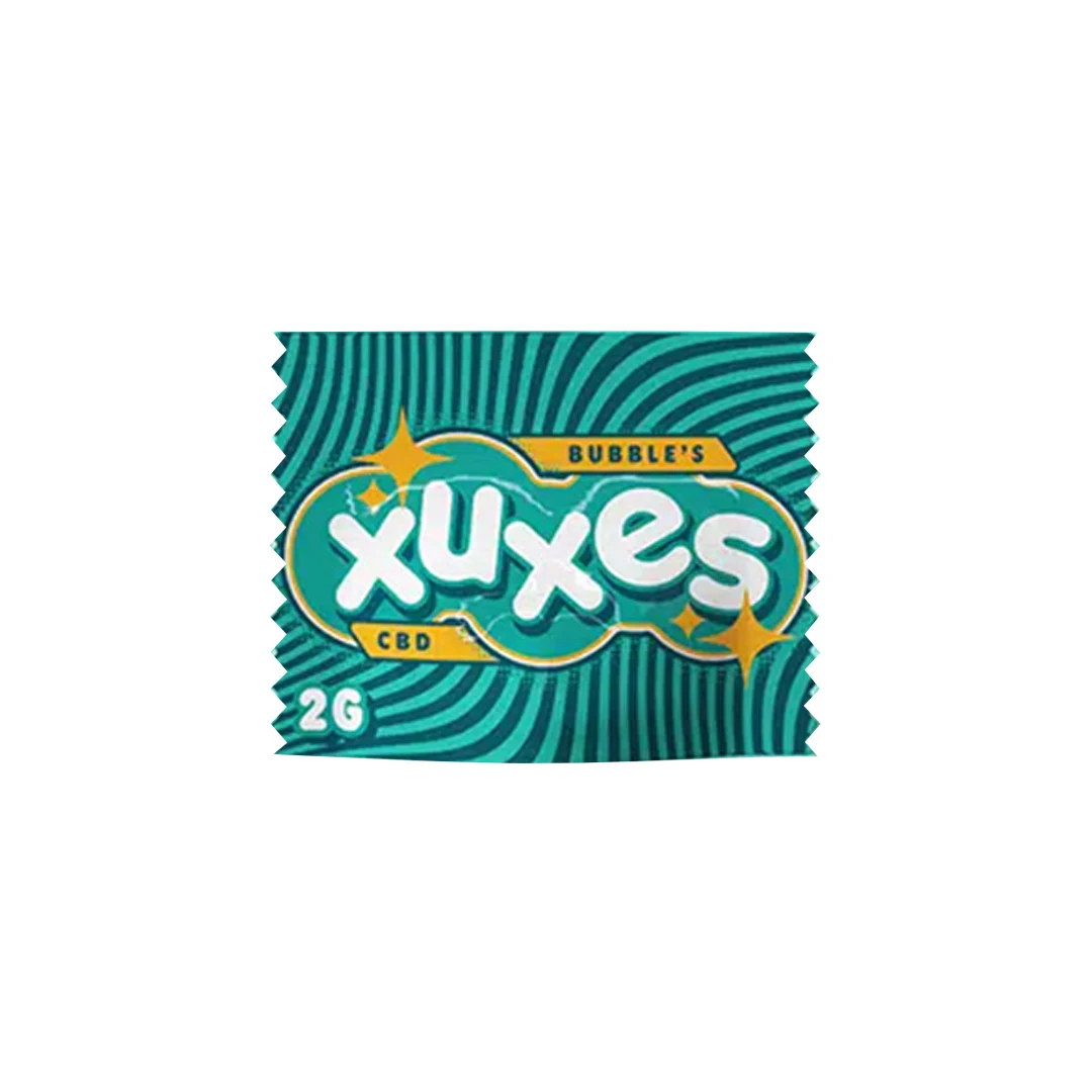 Envase verde de Hash CBD Xuxes Bubble's con líneas onduladas oscuras, letras blancas, estrellas amarillas y la inscripción 2G.
