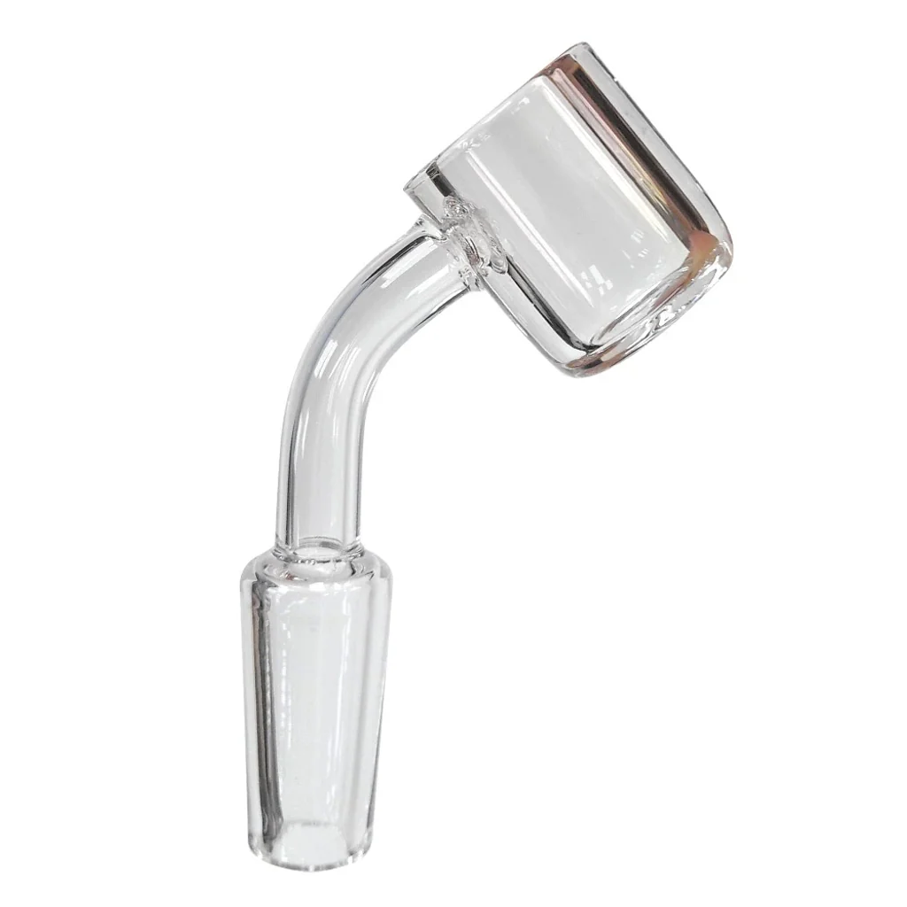 Cazoleta Banger transparente con recipiente cilíndrico, tubo curvado y conexión macho, aislada sobre fondo blanco.