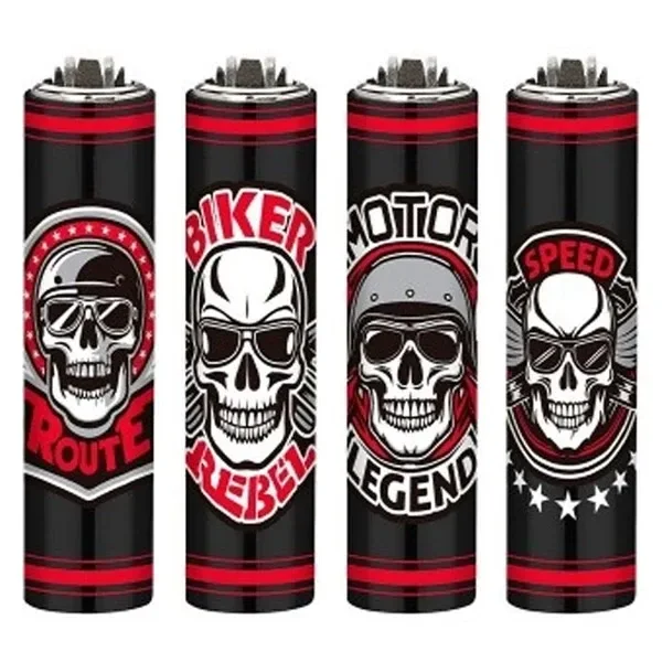 Selección de diseños Clipper Micro Biker Skull en negro, rojo y blanco, con calaveras moteras y textos decorativos.
