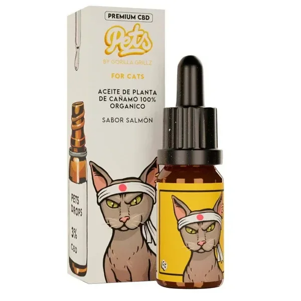 Frasco con cuentagotas y caja Gorilla Grillz Pets para gatos, con dibujos de un gato y textos CBD 3% y sabor salmón.