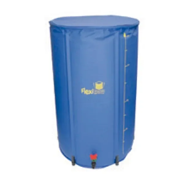Depósito flexible Flexitank azul, de forma cilíndrica, con tapa superior, escala lateral amarilla y grifo inferior con mando rojo.