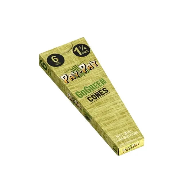Caja alargada verde de conos Pay-Pay GoGreen, vista en diagonal, con las indicaciones de seis unidades y formato 1 1/4.