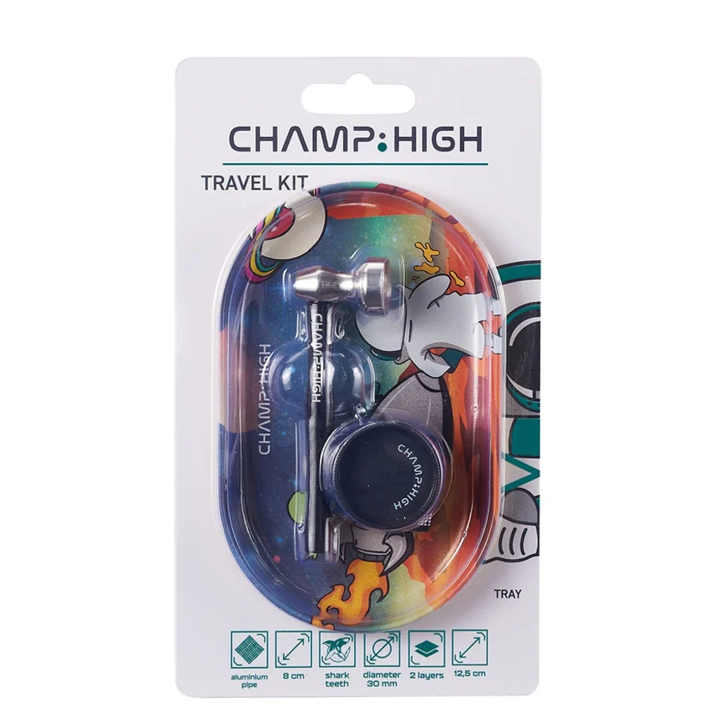 Kit CHAMP HIGH en blíster con bandeja ovalada de dibujos multicolor, pipa metálica y grinder redondo negro. Kit CHAMP HIGH en blíster con bandeja ovalada de dibujos multicolor, pipa metálica y grinder redondo negro.