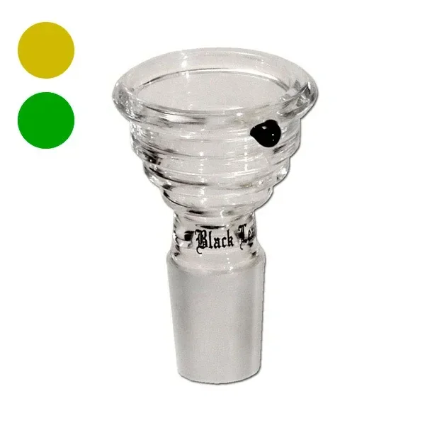 Cazoleta de cristal transparente Michelin con relieves circulares, junta esmerilada y detalle negro, junto a muestras amarilla y verde.