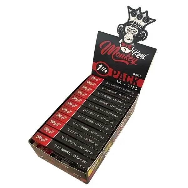 Expositor abierto de papel Monkey King 1¼ con tips, con libritos negros y rojos y un mono coronado en la cabecera.