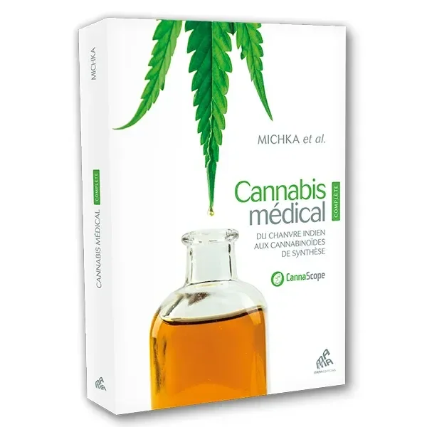 Libro Cannabis médical de Michka, visto en perspectiva, con portada blanca, hojas de cannabis y un frasco con líquido ámbar. Libro Cannabis médical de Michka, visto en perspectiva, con portada blanca, hojas de cannabis y un frasco con líquido ámbar.
