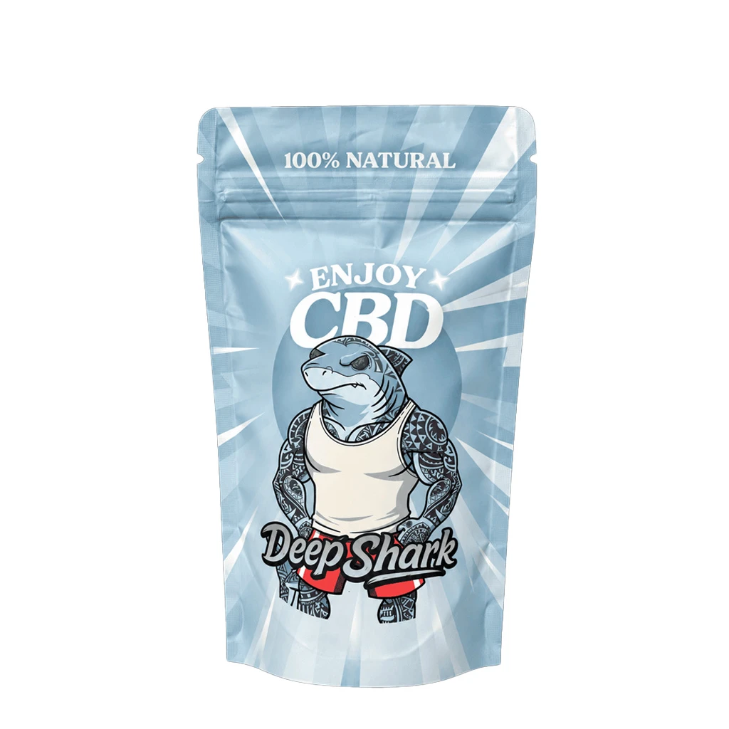 Bolsa azul claro de Deep Shark ENJOY CBD con cierre resellable y un tiburón ilustrado con camiseta blanca y pantalón rojo.