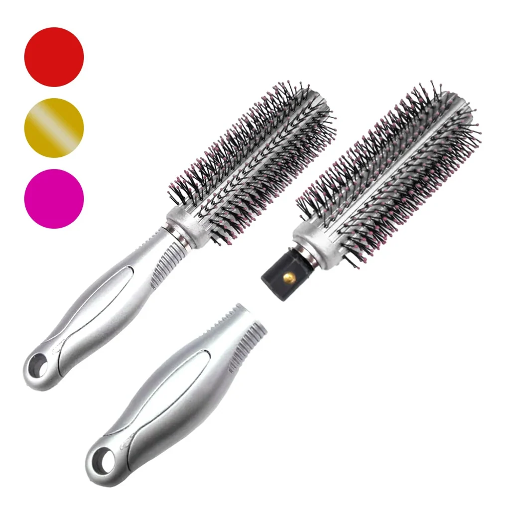Cepillo redondo Silver de ocultación, mostrado montado y con el mango plateado separado del cabezal; círculos rojo, dorado y fucsia al lado.