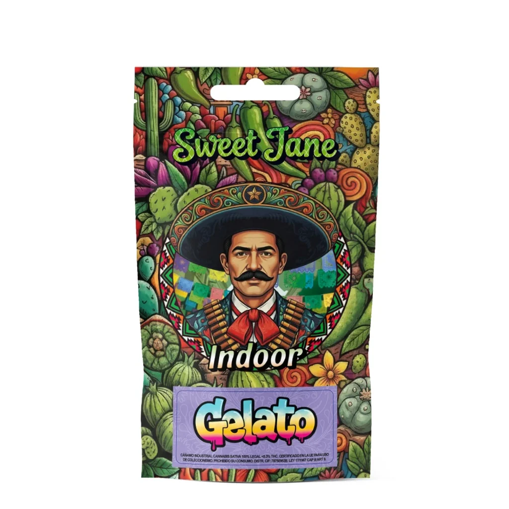 Envase Sweet Jane Indoor Gelato con ilustración de un hombre con sombrero y bigote, rodeado de cactus y flores, y etiqueta violeta.