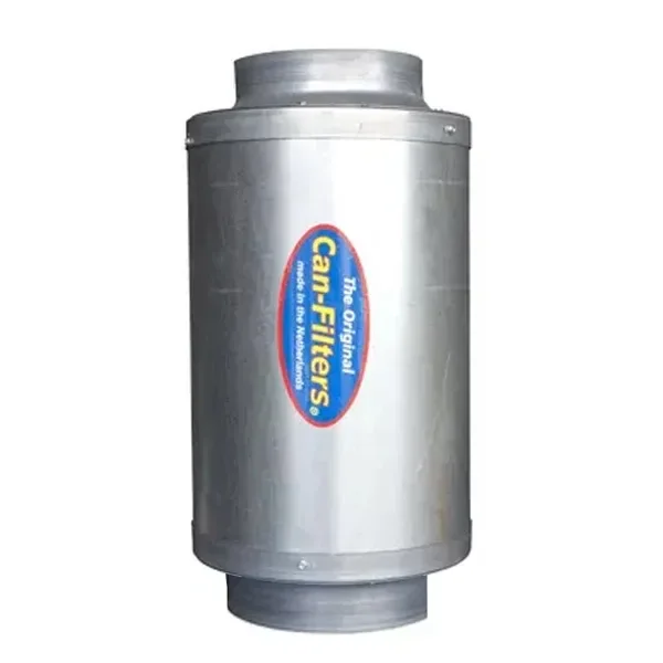 Silenciador Can-Filters cilíndrico plateado, con bocas de conexión en ambos extremos y etiqueta ovalada azul, sobre fondo blanco.