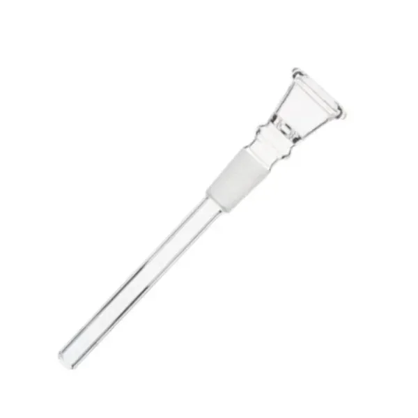 Cazoleta de cristal transparente con tubo largo y unión esmerilada, dispuesta en diagonal sobre fondo blanco.