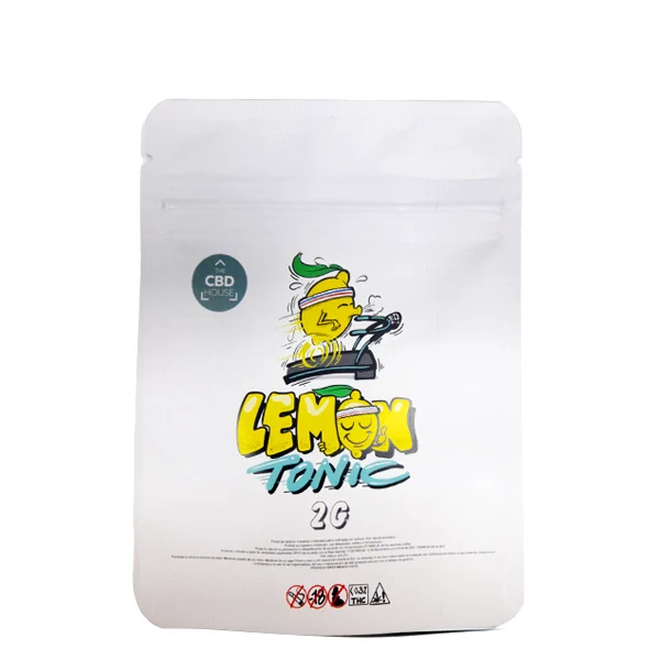 Bolsa blanca de CBD House Lemon Tonic con cierre resellable, ilustración de un limón sobre una cinta de correr y etiqueta de 2 g.