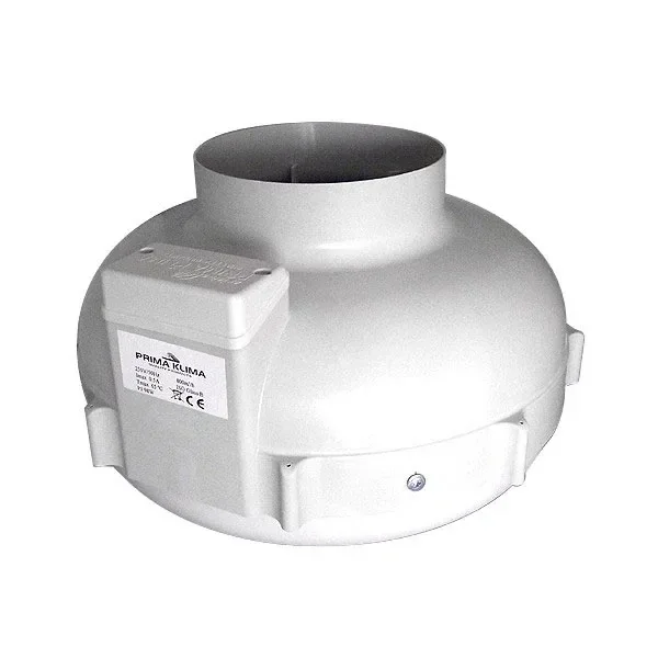 Extractor Prima Klima PK150-L de carcasa gris redondeada, con boca circular superior y caja de conexiones lateral con etiqueta.