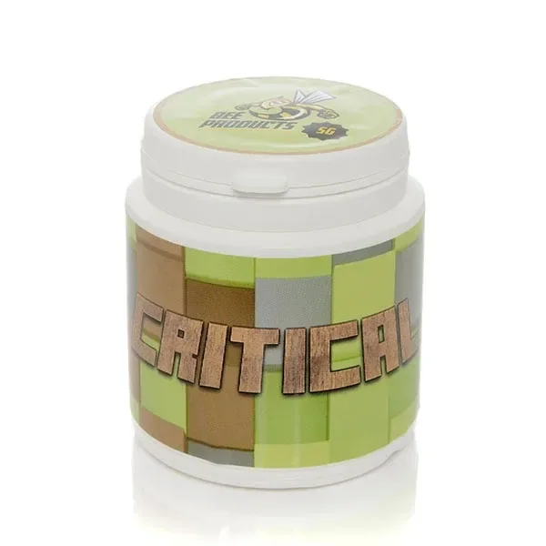 Bote blanco de CBD Bee Critical con tapa y etiqueta de cuadros verdes y marrones, con el nombre Critical en letras grandes.