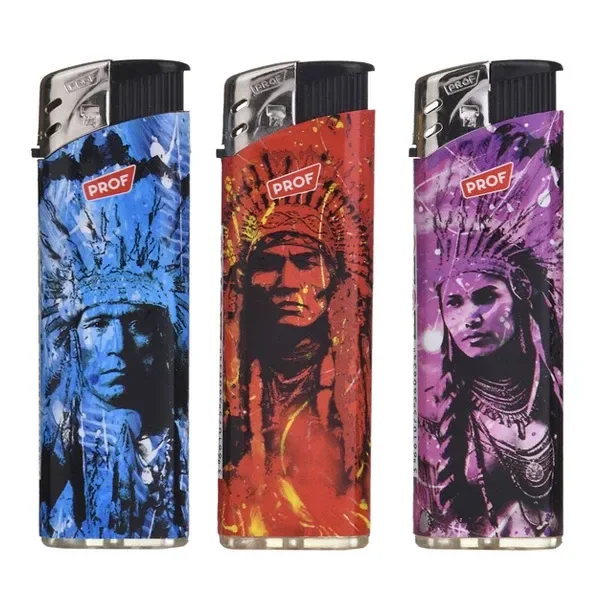Tres modelos de mechero PROF con estampados azul, rojo y morado y retratos de personas con tocados de plumas, alineados sobre fondo blanco.