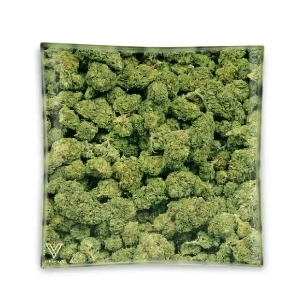 Cenicero cuadrado Buds visto desde arriba, con bordes elevados y un estampado de cogollos verdes que cubre toda la superficie.
