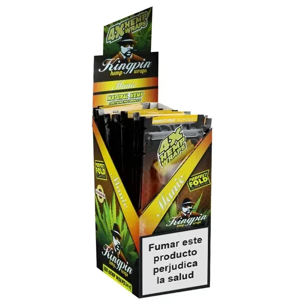 Expositor Kingpin Hemp Wraps Manic Mango con varios sobres negros, detalles amarillos y advertencia sanitaria en el frontal.