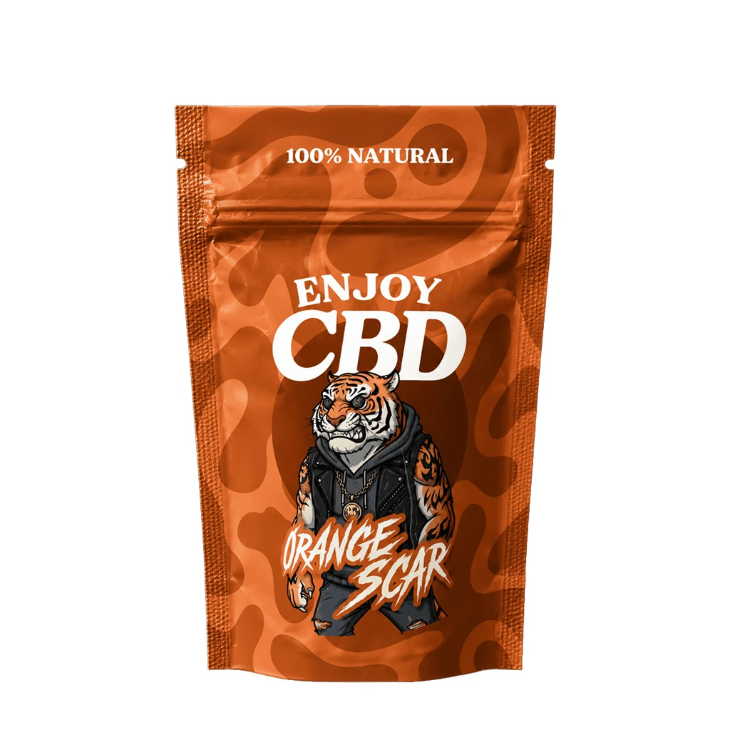 Bolsa naranja de Enjoy CBD Orange Scar, vista de frente, con un tigre ilustrado vestido con chaleco negro y el nombre en letras blancas.